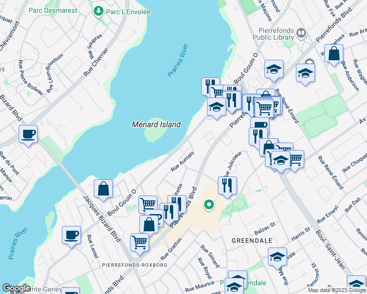 map of restaurants, bars, coffee shops, grocery stores, and more near 14750 Boulevard Gouin Ouest in Montréal
