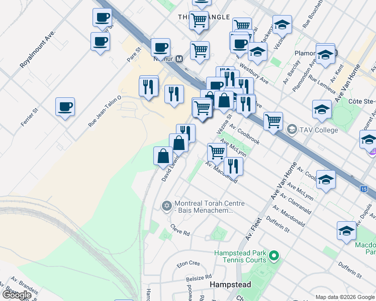 map of restaurants, bars, coffee shops, grocery stores, and more near 6801 Abraham de Sola Street in Côte Saint-Luc