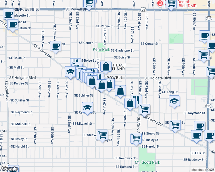 map of restaurants, bars, coffee shops, grocery stores, and more near 6805 Southeast Long Street in Portland
