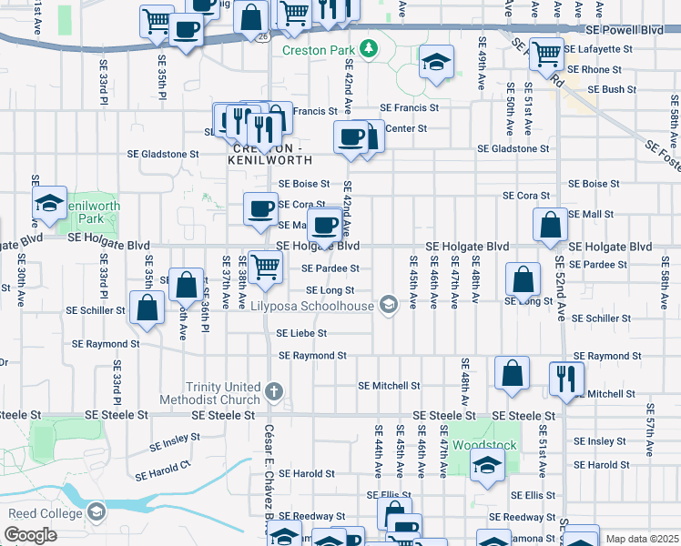 map of restaurants, bars, coffee shops, grocery stores, and more near 4205 Southeast Long Street in Portland