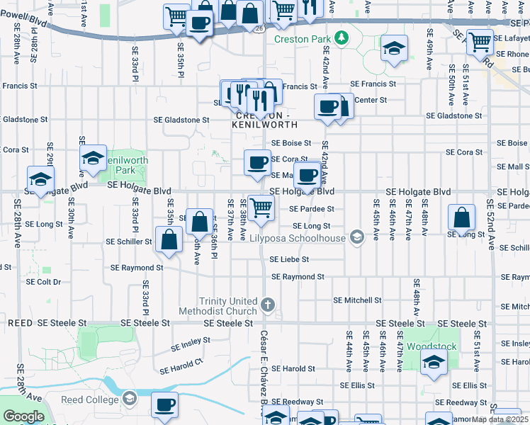 map of restaurants, bars, coffee shops, grocery stores, and more near 4703 Southeast 40th Avenue in Portland