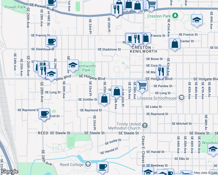 map of restaurants, bars, coffee shops, grocery stores, and more near 3546 Southeast Long Street in Portland