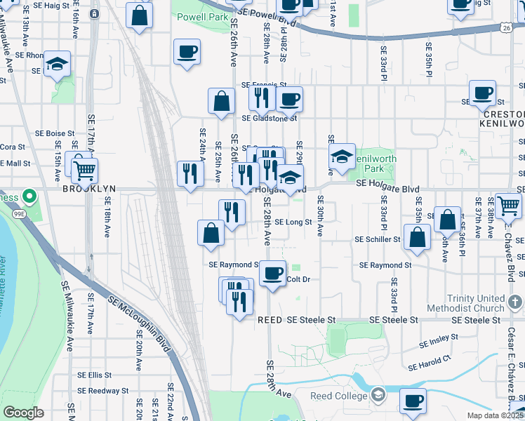 map of restaurants, bars, coffee shops, grocery stores, and more near 2703 Southeast Long Street in Portland
