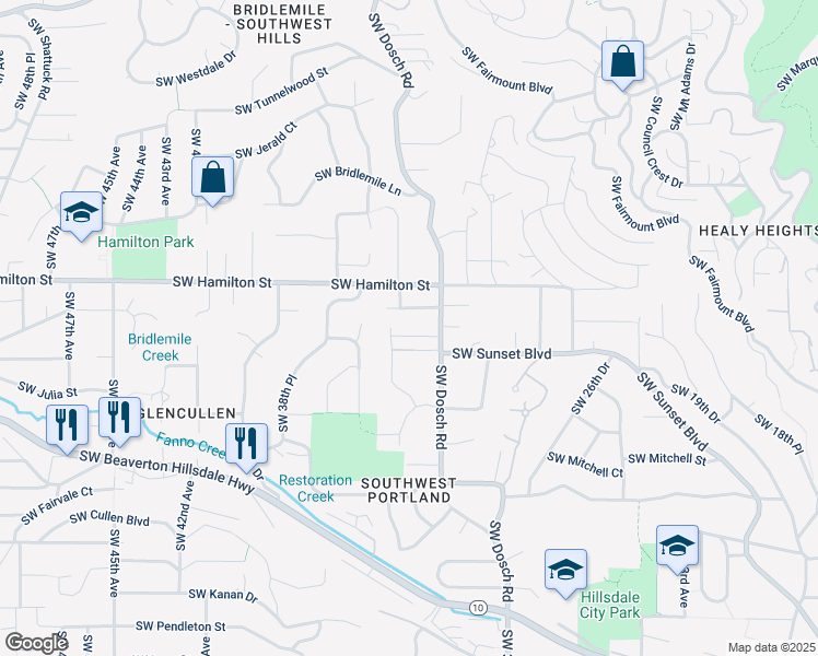 map of restaurants, bars, coffee shops, grocery stores, and more near 3406 Southwest Seymour Street in Portland