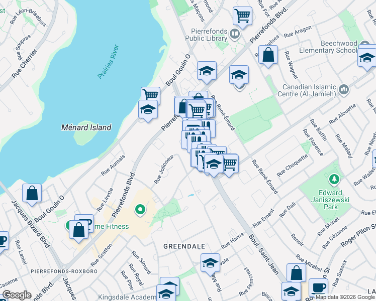 map of restaurants, bars, coffee shops, grocery stores, and more near 4824 Boulevard Saint-Jean in Montréal
