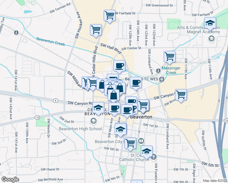 map of restaurants, bars, coffee shops, grocery stores, and more near Unnamed Road in Beaverton