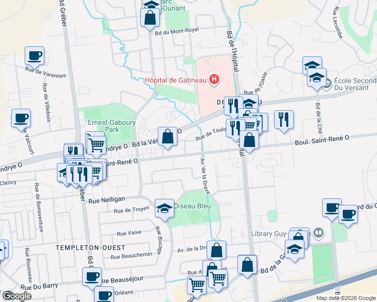 map of restaurants, bars, coffee shops, grocery stores, and more near 6 Rue de Milan in Gatineau