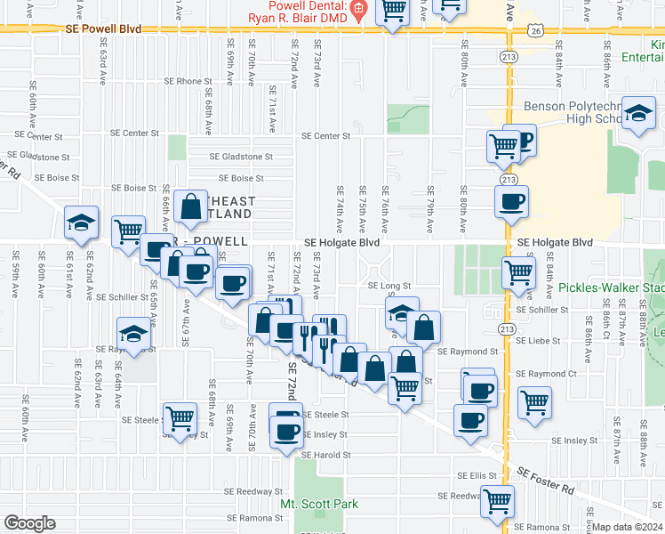 map of restaurants, bars, coffee shops, grocery stores, and more near 4633 Southeast 74th Avenue in Portland