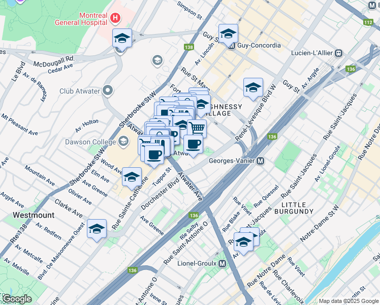 map of restaurants, bars, coffee shops, grocery stores, and more near 2300 Rue Tupper in Montréal