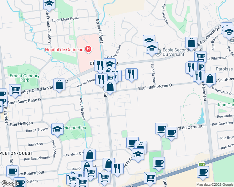 map of restaurants, bars, coffee shops, grocery stores, and more near 850 Boulevard Saint-René Ouest in Gatineau