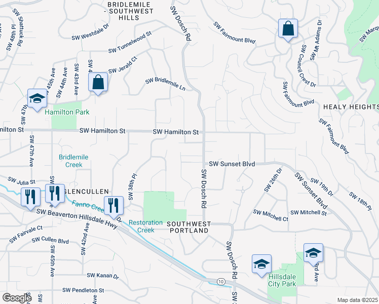 map of restaurants, bars, coffee shops, grocery stores, and more near 3406 Southwest Seymour Street in Portland
