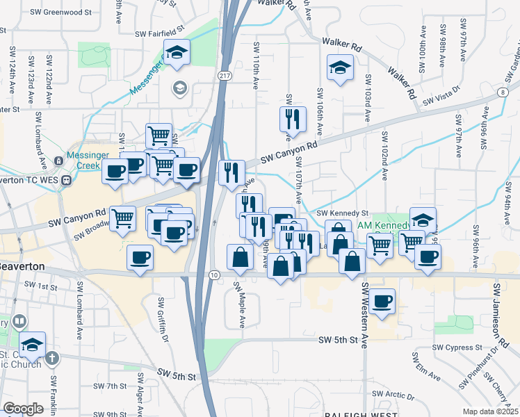 map of restaurants, bars, coffee shops, grocery stores, and more near 4280 Southwest 109th Avenue in Beaverton