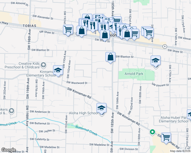 map of restaurants, bars, coffee shops, grocery stores, and more near 4195 Southwest 187th Avenue in Beaverton