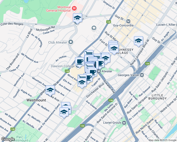 map of restaurants, bars, coffee shops, grocery stores, and more near 4010 Rue Sainte-Catherine in Westmount