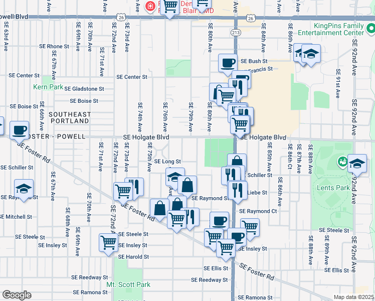 map of restaurants, bars, coffee shops, grocery stores, and more near 4636 Southeast 78th Avenue in Portland