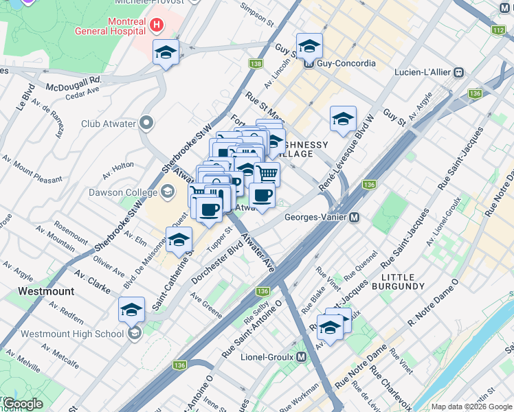 map of restaurants, bars, coffee shops, grocery stores, and more near 2300 Rue Tupper in Montréal