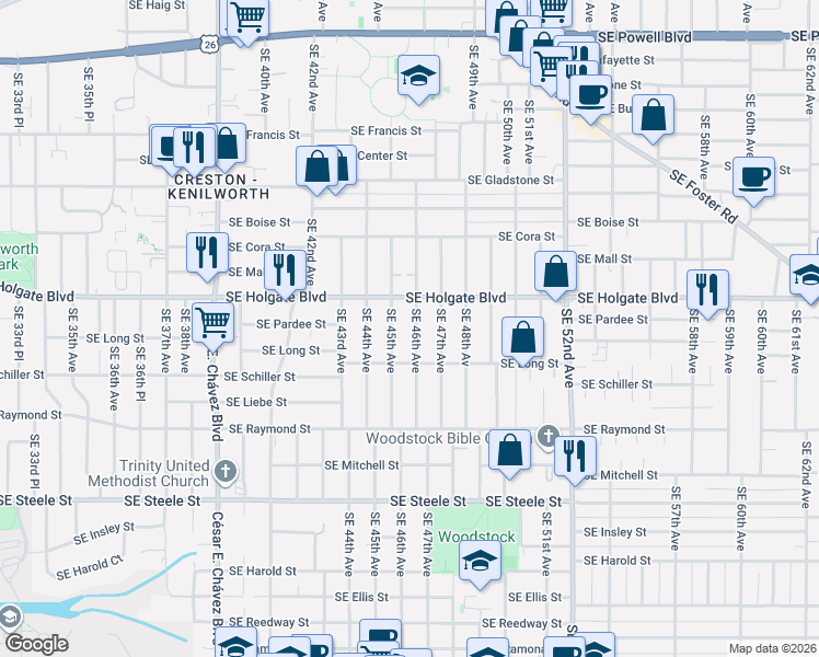 map of restaurants, bars, coffee shops, grocery stores, and more near 4603 Southeast 46th Avenue in Portland