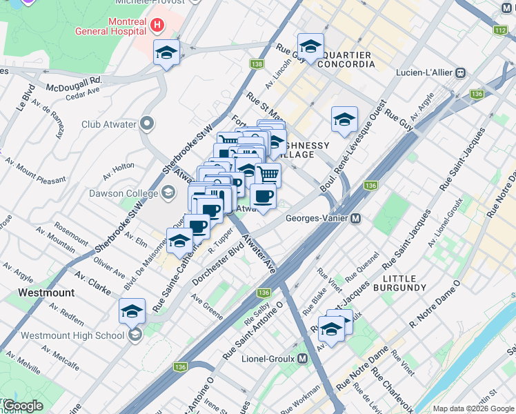 map of restaurants, bars, coffee shops, grocery stores, and more near 2300 Rue Tupper in Montrã©Al