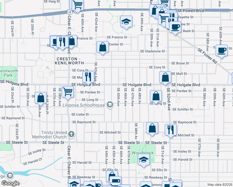 map of restaurants, bars, coffee shops, grocery stores, and more near 4621 Southeast 45th Avenue in Portland