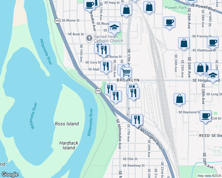 map of restaurants, bars, coffee shops, grocery stores, and more near 4616 Southeast Milwaukie Avenue in Portland