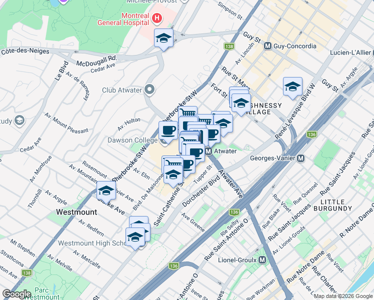 map of restaurants, bars, coffee shops, grocery stores, and more near 1500 Atwater Avenue in Montreal