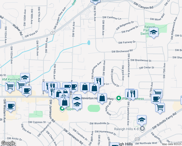 map of restaurants, bars, coffee shops, grocery stores, and more near 4285 Southwest Parkview Avenue in Portland