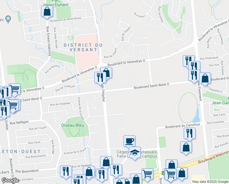 map of restaurants, bars, coffee shops, grocery stores, and more near 850 Boulevard Saint-René Ouest in Gatineau