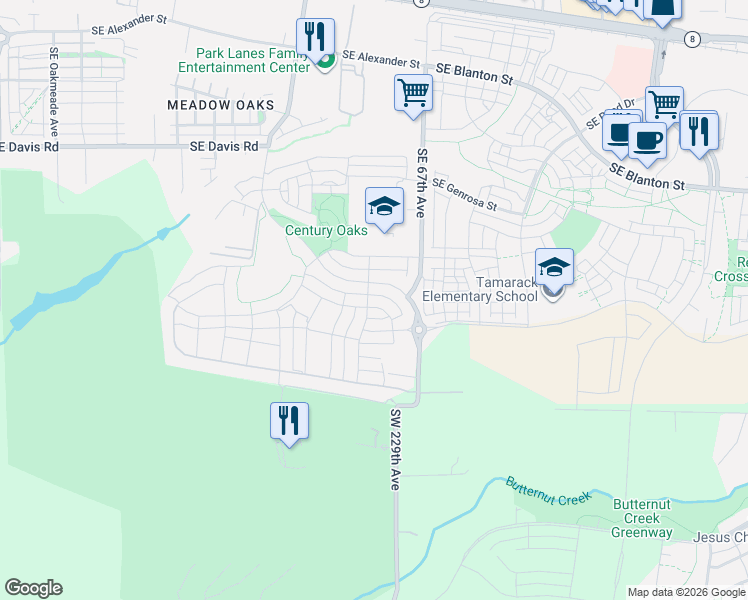 map of restaurants, bars, coffee shops, grocery stores, and more near 6519 Southeast Polyantha Street in Hillsboro