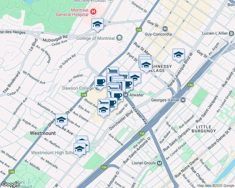 map of restaurants, bars, coffee shops, grocery stores, and more near 4010 Rue Sainte-Catherine in Westmount