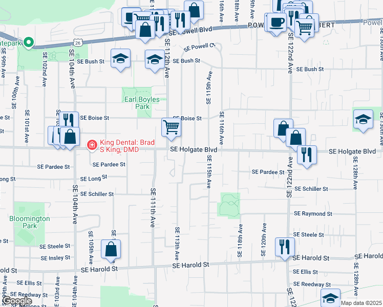 map of restaurants, bars, coffee shops, grocery stores, and more near 11433 Southeast Nicholas Court in Portland