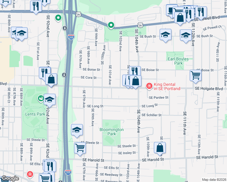 map of restaurants, bars, coffee shops, grocery stores, and more near 10129 Southeast Pardee Street in Portland