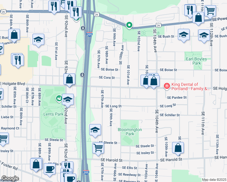 map of restaurants, bars, coffee shops, grocery stores, and more near 9903 Southeast Pardee Street in Portland