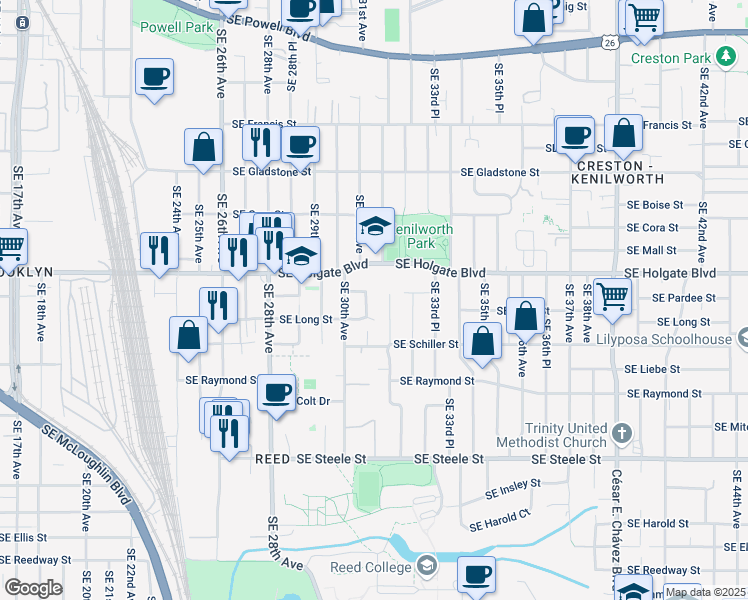 map of restaurants, bars, coffee shops, grocery stores, and more near 4627 Southeast 32nd Avenue in Portland