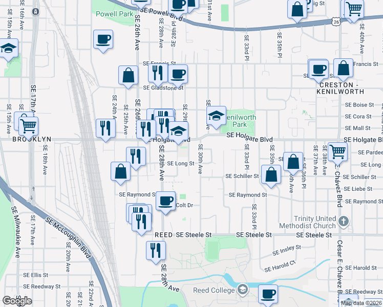 map of restaurants, bars, coffee shops, grocery stores, and more near 2895 Southeast Long Street in Portland
