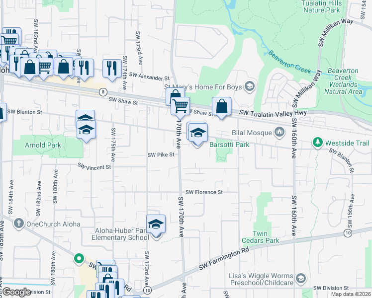 map of restaurants, bars, coffee shops, grocery stores, and more near 4250 Southwest 170th Avenue in Aloha