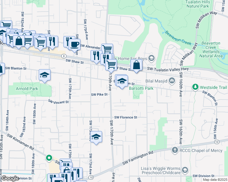 map of restaurants, bars, coffee shops, grocery stores, and more near 4250 Southwest 170th Avenue in Aloha