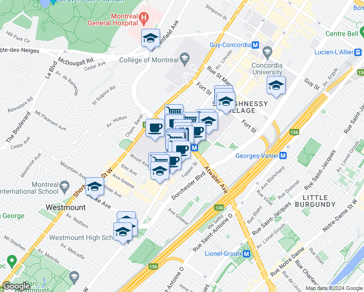 map of restaurants, bars, coffee shops, grocery stores, and more near 3400 Maisonneuve Boulevard West in Westmount