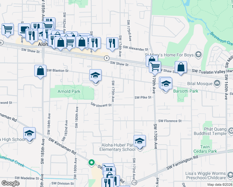 map of restaurants, bars, coffee shops, grocery stores, and more near 17468 Southwest Roger Lane in Beaverton