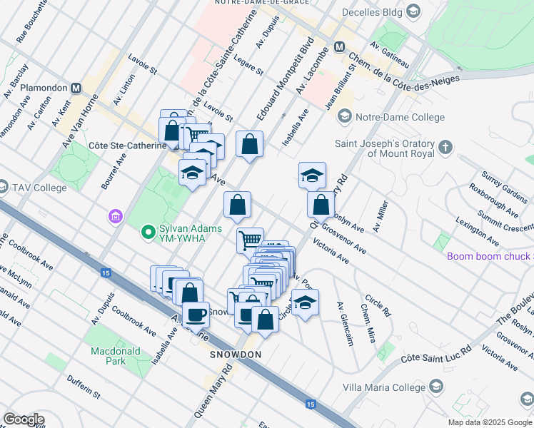 map of restaurants, bars, coffee shops, grocery stores, and more near 5220 Victoria Avenue in Montreal
