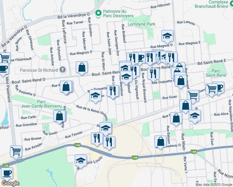 map of restaurants, bars, coffee shops, grocery stores, and more near 350 Rue Laviolette in Gatineau