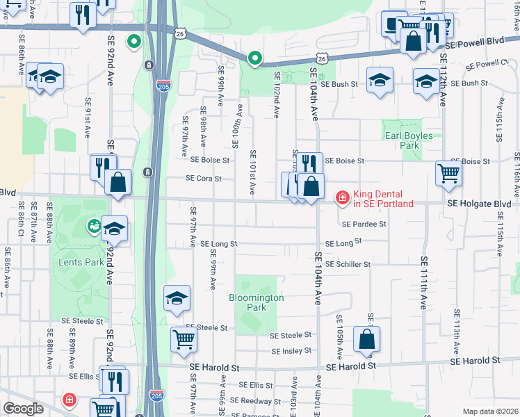 map of restaurants, bars, coffee shops, grocery stores, and more near 10129 Southeast Pardee Street in Portland