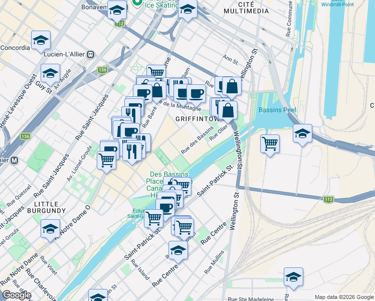 map of restaurants, bars, coffee shops, grocery stores, and more near 1500 Basin Street in Montreal