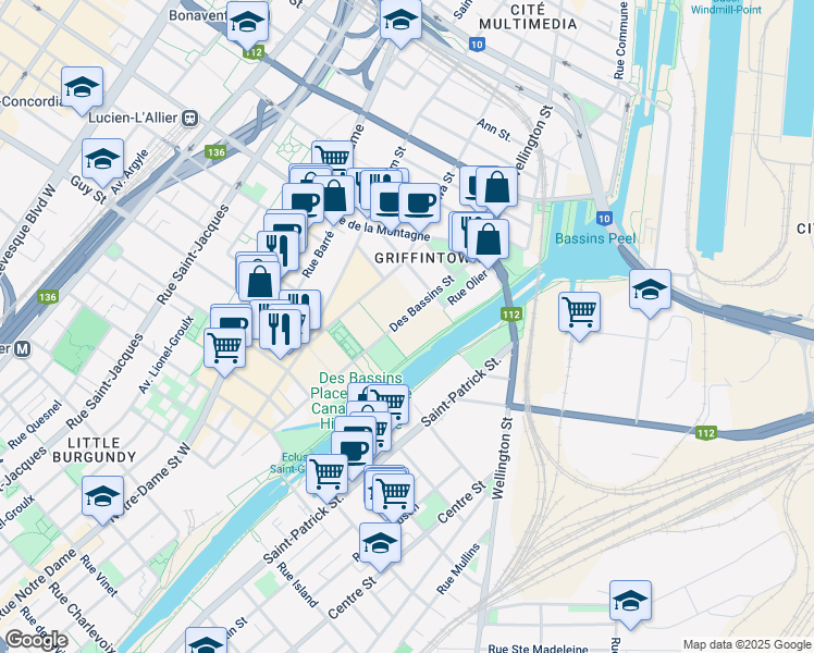 map of restaurants, bars, coffee shops, grocery stores, and more near 1500 Rue Basin in Montréal
