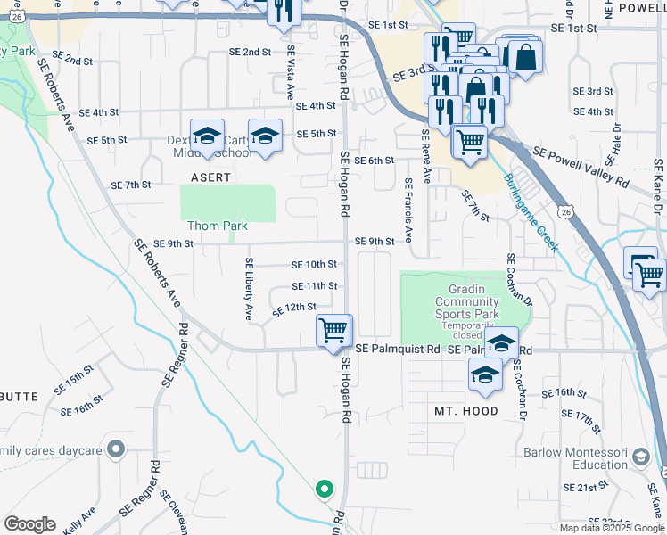 map of restaurants, bars, coffee shops, grocery stores, and more near 1712 Southeast 10th Street in Gresham