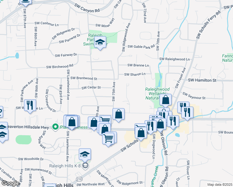 map of restaurants, bars, coffee shops, grocery stores, and more near 4180 Southwest 75th Avenue in Portland