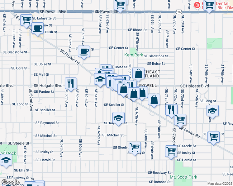 map of restaurants, bars, coffee shops, grocery stores, and more near 6432-6434 Southeast Foster Road in Portland
