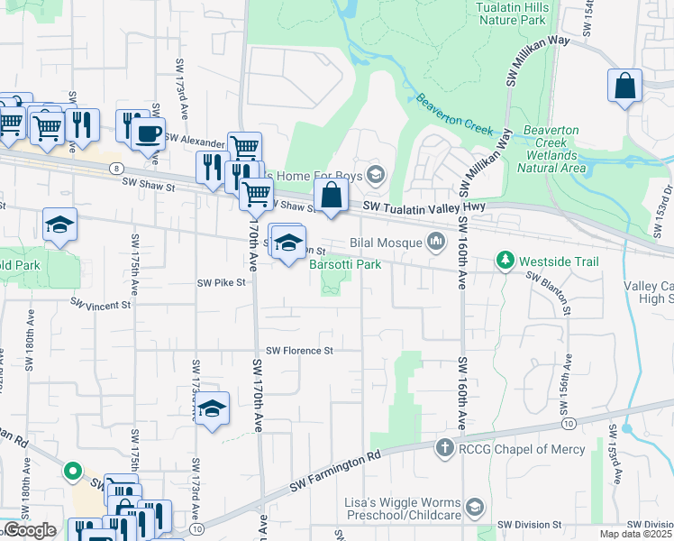 map of restaurants, bars, coffee shops, grocery stores, and more near 16610 Southwest Blanton Street in Beaverton