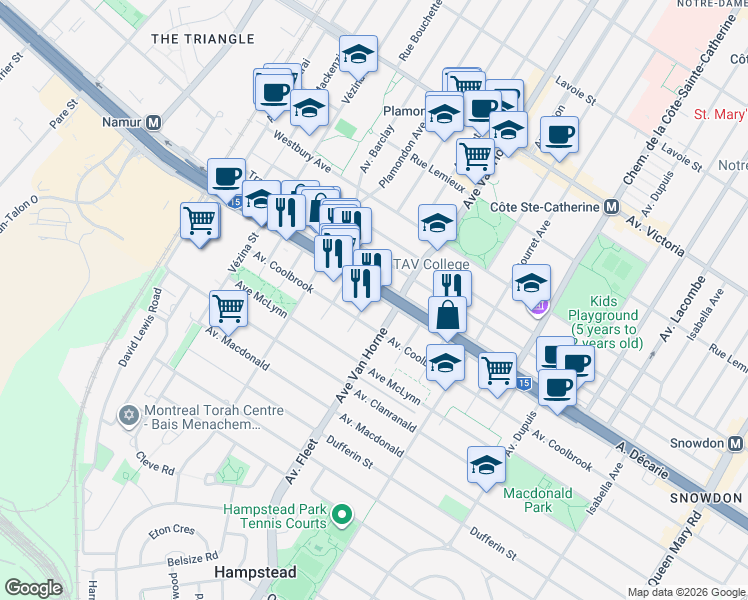 map of restaurants, bars, coffee shops, grocery stores, and more near 6280 Boulevard Décarie in Montréal