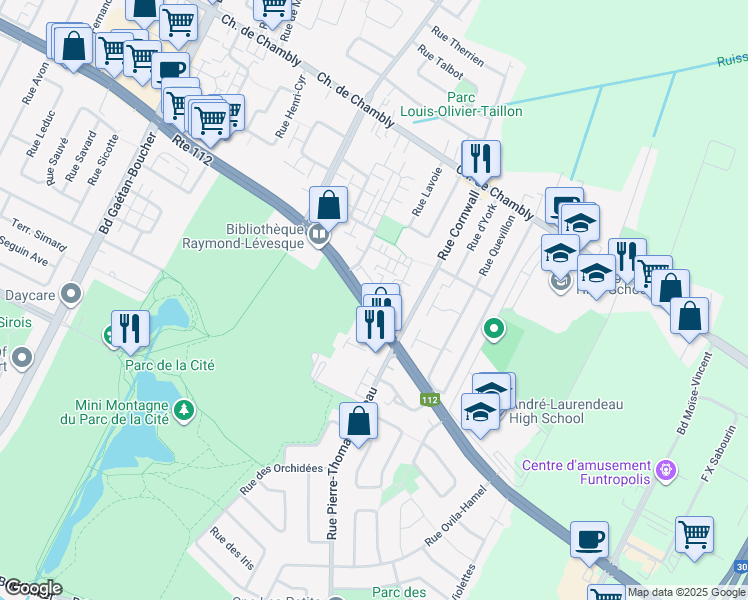 map of restaurants, bars, coffee shops, grocery stores, and more near 7200 Boulevard Cousineau in Longueuil