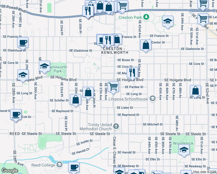 map of restaurants, bars, coffee shops, grocery stores, and more near 4601 Southeast Cesar E Chavez Boulevard in Portland